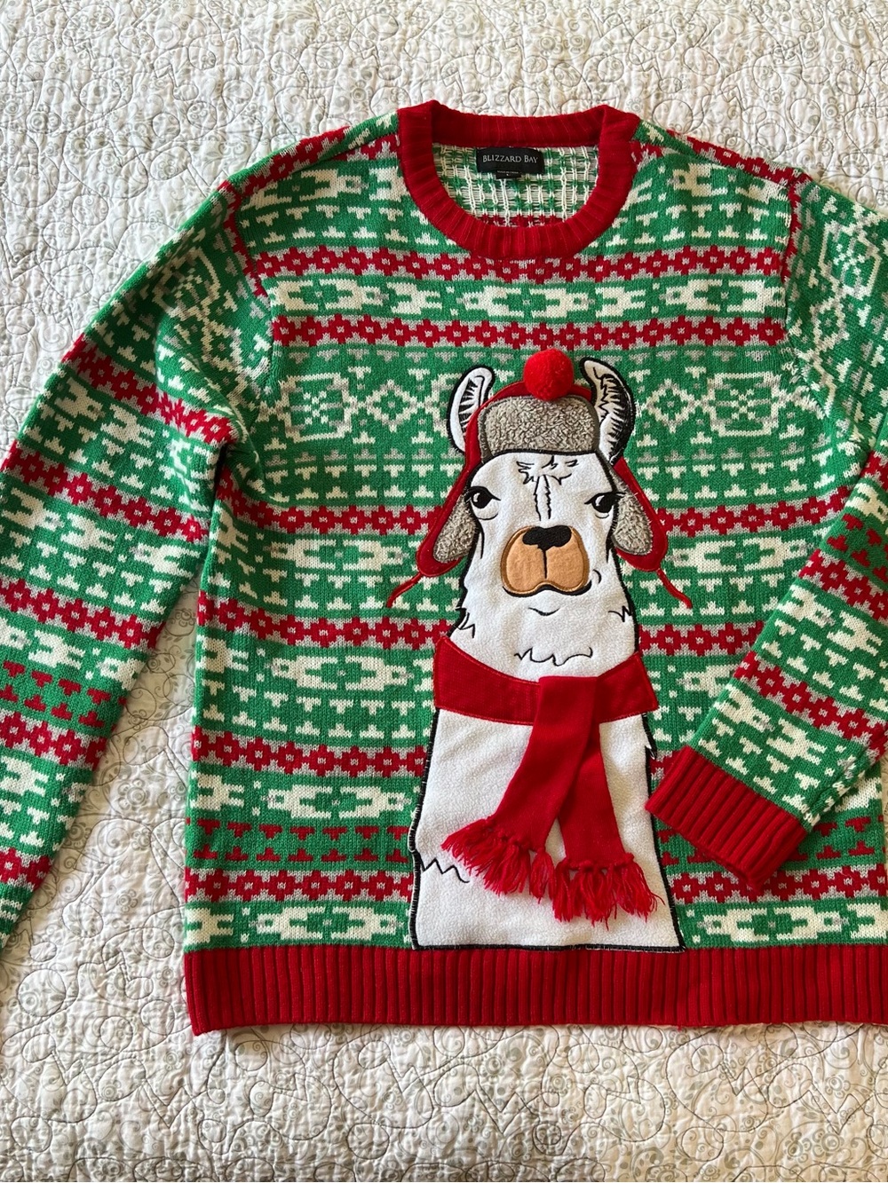 Blizzard Bay Men's Green & Red Llama Crewneck Sweater Quirky Christmas Party Fun